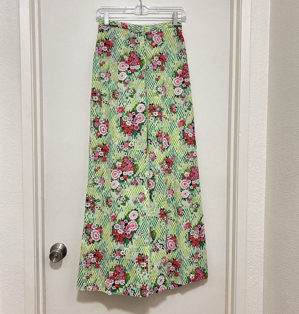 Vtg 1970s J. Tiktiner French Riviera Floral Gingham Wide Leg Palazzo Pants 10